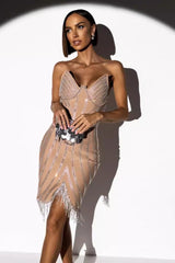 Sexy Strapless Rhinestone Tassel Bandage Cocktail Dress