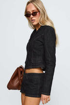 Denim Lapel Waist Cinched Cropped Blouse