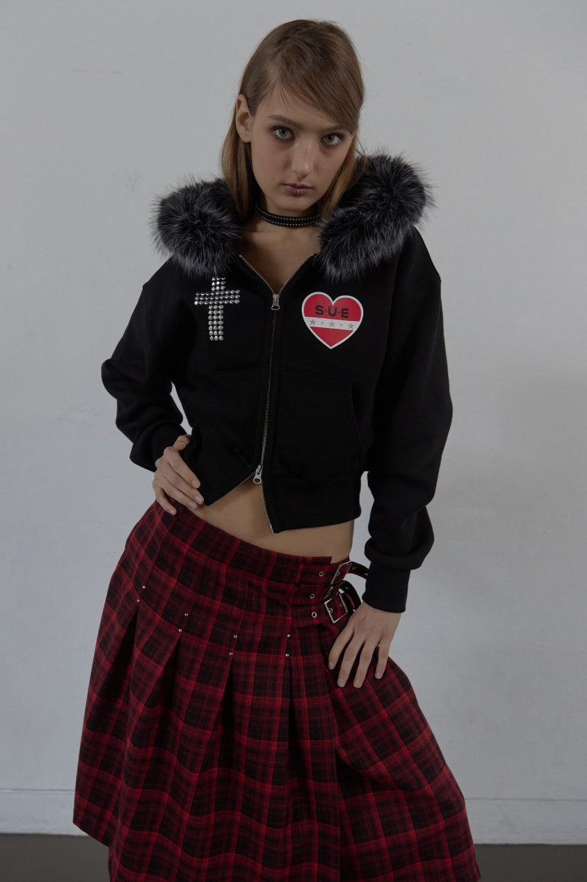 Rhinestone Cross Faux Fur Zip Front Hoodie