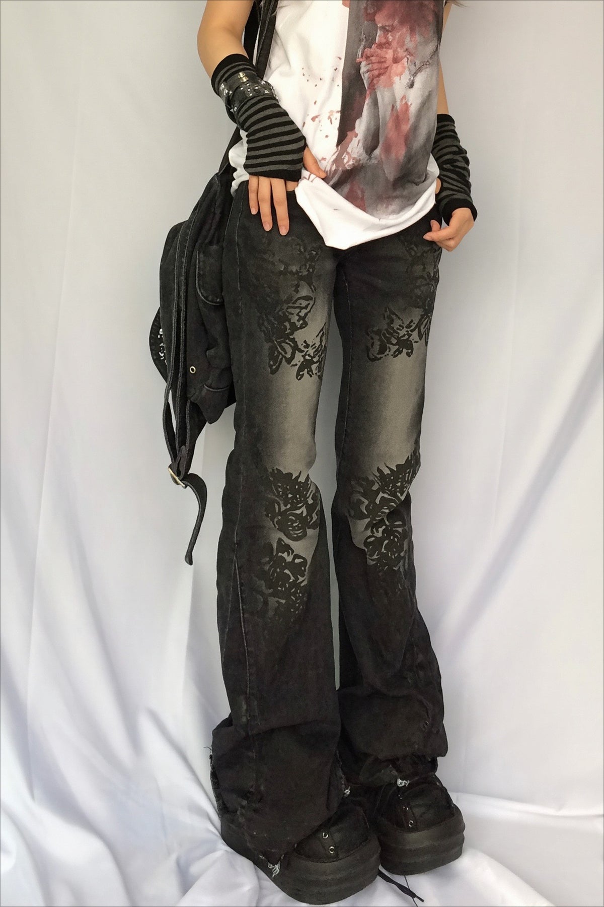 Gothic Print Low Rise Flare Jeans