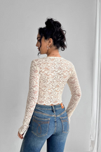 Solid Lace V Neck  Long Sleeve Chic Crop Top