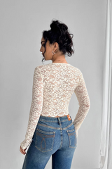Solid Lace V Neck  Long Sleeve Chic Crop Top