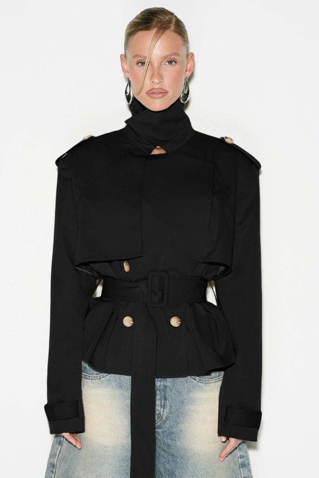 Cape Overlay Belted Cropped Double Breasted Coat