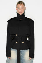Cape Overlay Belted Cropped Double Breasted Coat