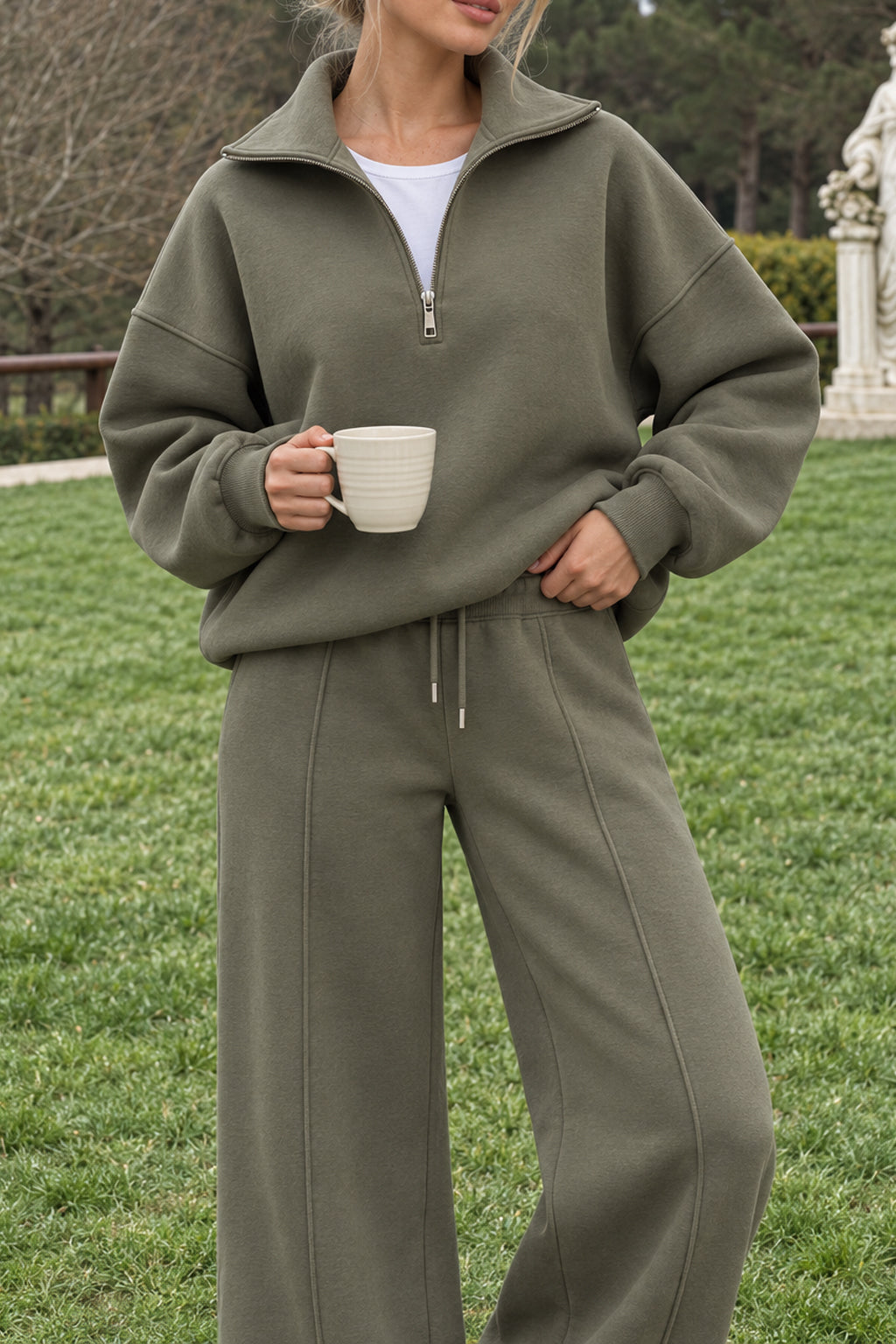 Half Zip Sweatshirt Wide Leg Pants Set