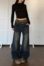 Leopard Panel Double Waist Wide Leg Jeans