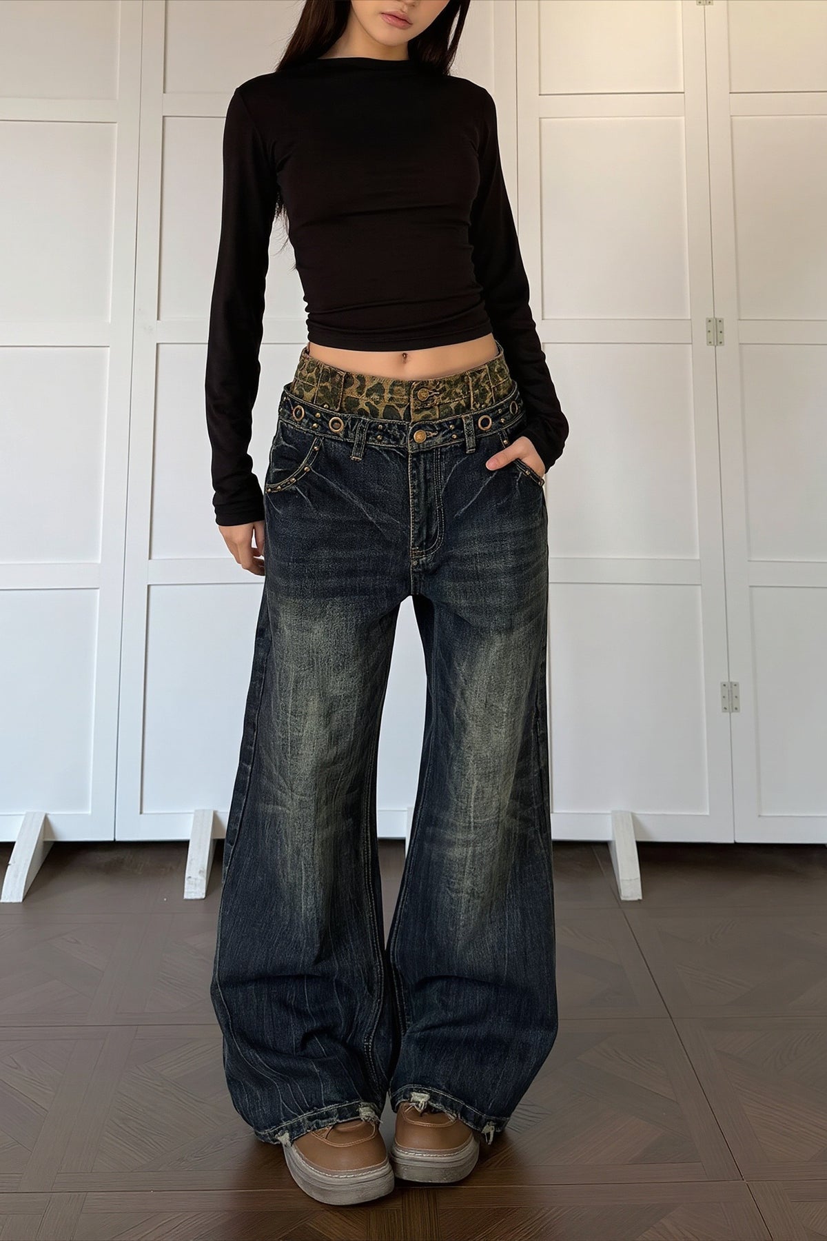 Leopard Panel Double Waist Wide Leg Jeans