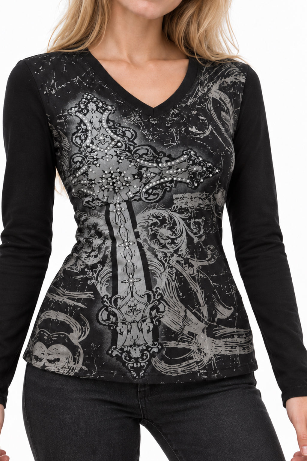 Gothic V-neck Graphic Cotton T-shirt