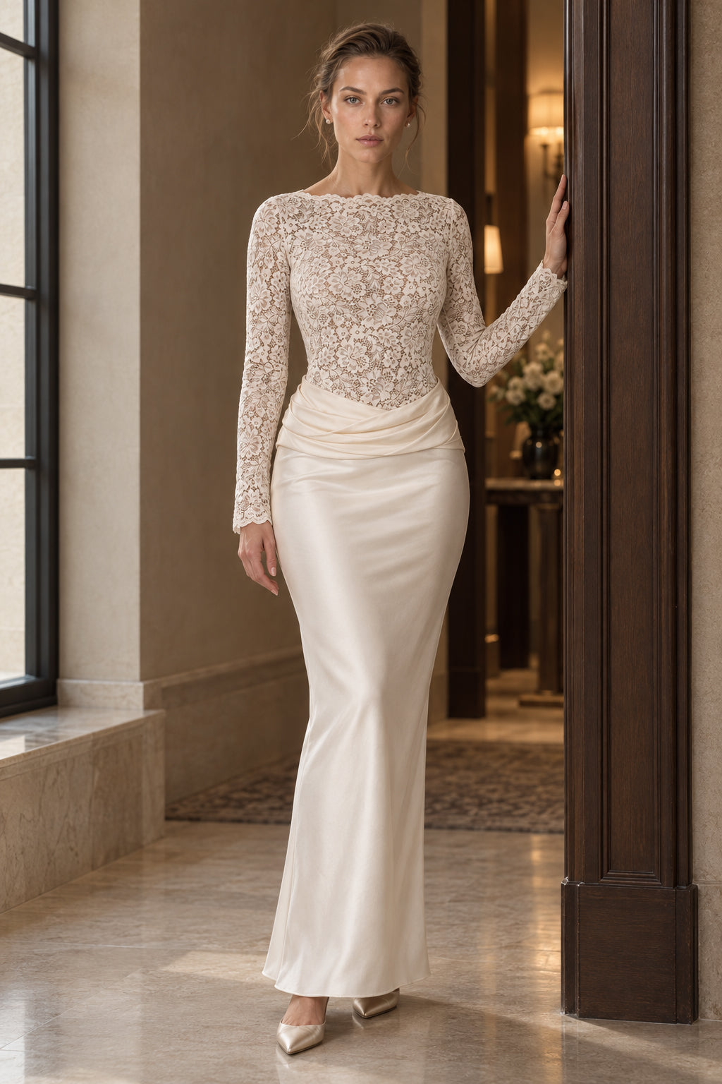 Sheer Lace Panel Ruched Satin Mermaid Maxi Lace Dress
