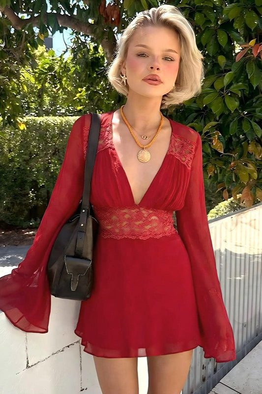 Lace Trim Deep V Mesh Flared Sleeve Fit Lace Dress Secondary image
