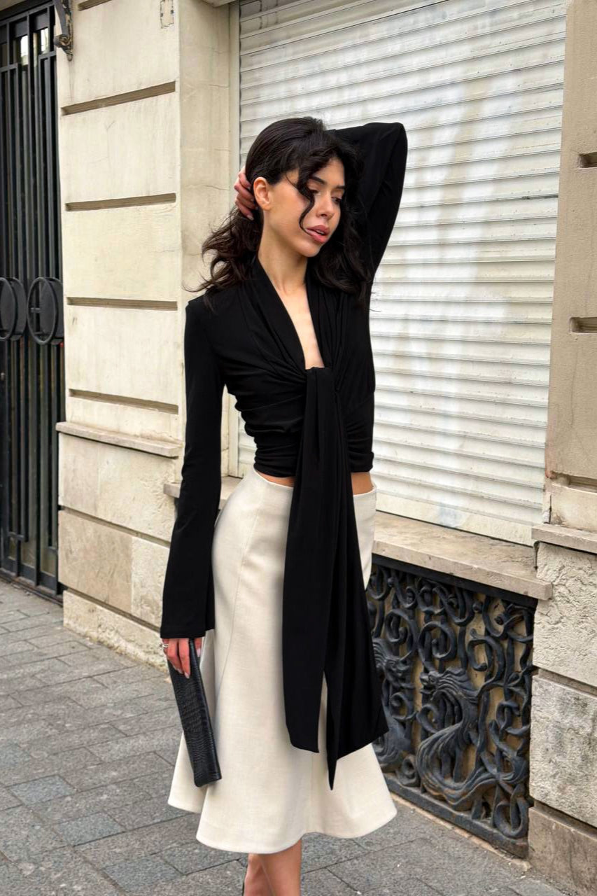 Draped Tie Neck Bell Sleeve Long Sleeved T-shirts