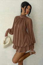 High Neck Long Sleeve Tiered Ruffle Mini Dress