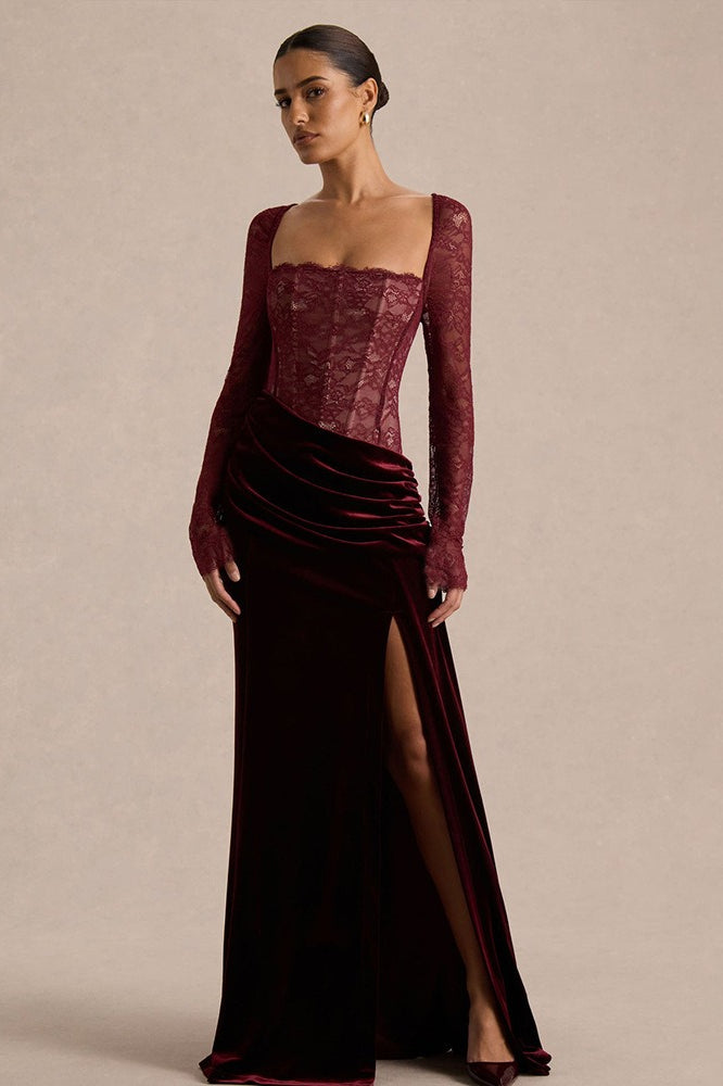 Lace Panel High Slit Long Sleeve Maxi Lace Dress Secondary image
