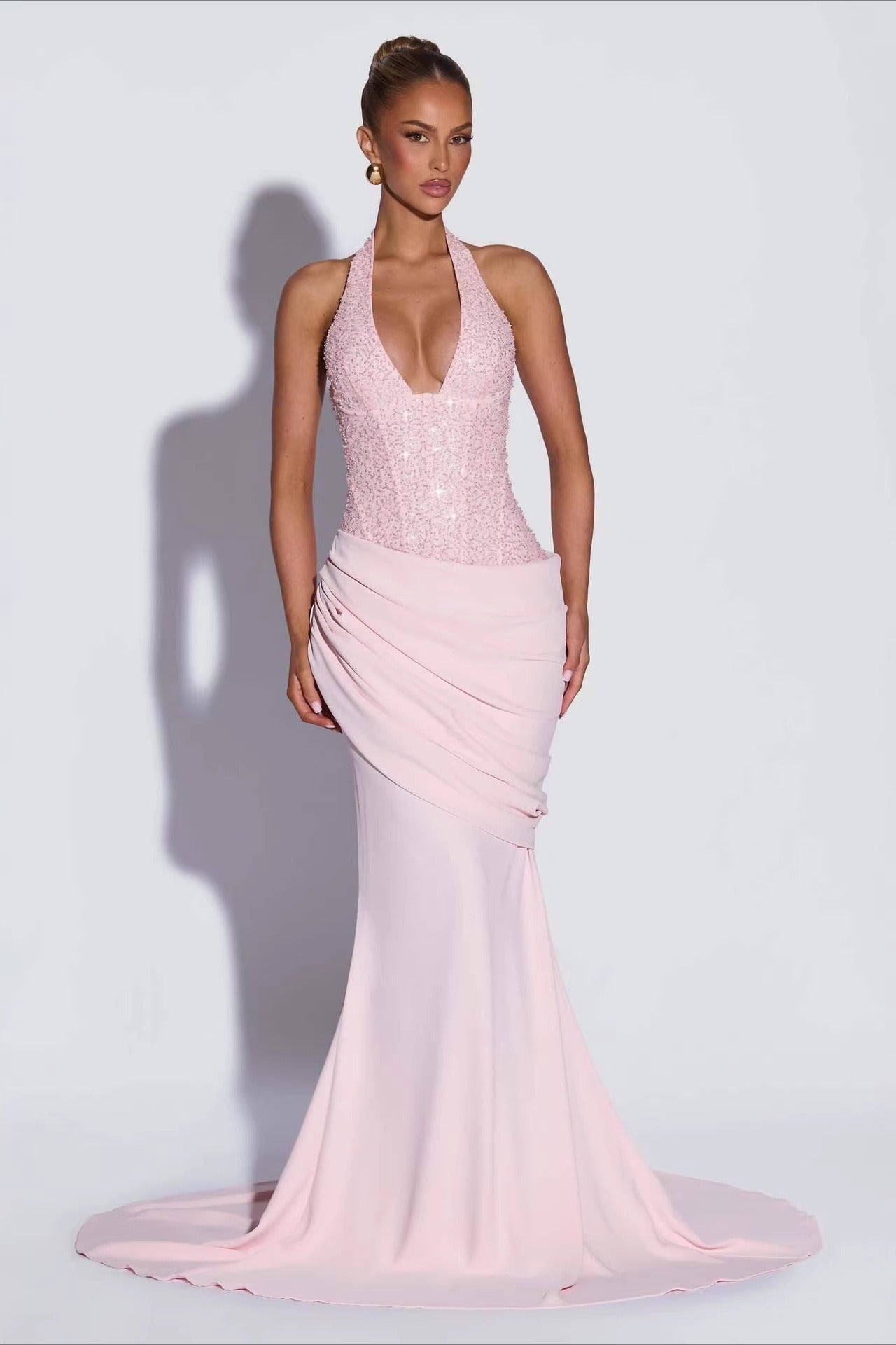 Sequin Patch Halter Deep V Ruched Train Maxi Bodycon Dress Main image