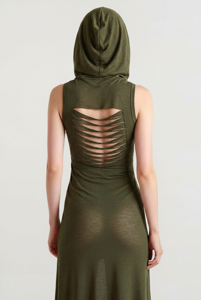 Hollow Back Slit Hooded Midi Dress Secondary image