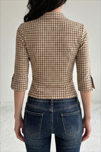 Plaid Three Quarter Sleeve Fitted Button Blouse