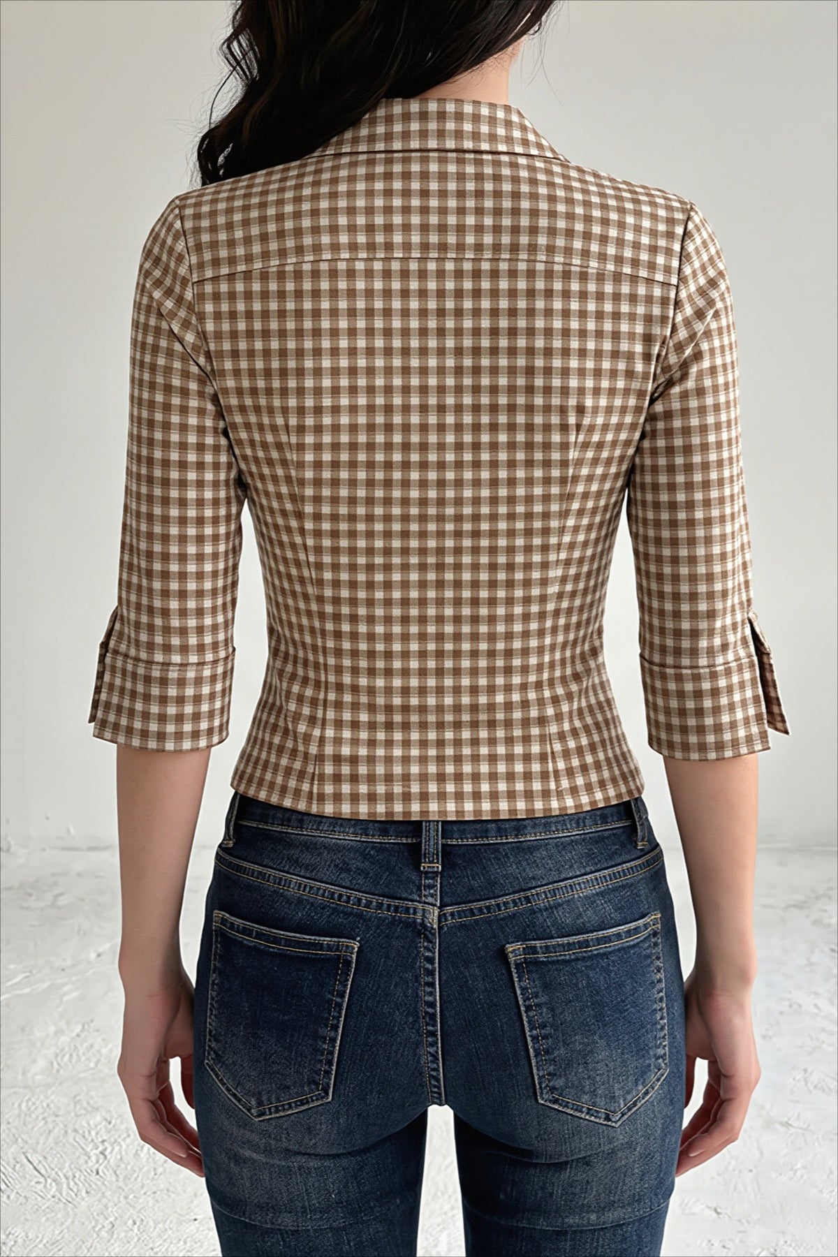 Plaid Three Quarter Sleeve Fitted Button Blouse