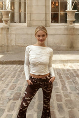 Long Sleeve Ruched Solid Color Casual Round Neck Pullover T-shirts