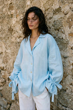 Tie Cuff Oversized Blue Long Sleeve Blouse