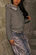 Y2K Studded Faux Fur Collar Zip Front Hoodie