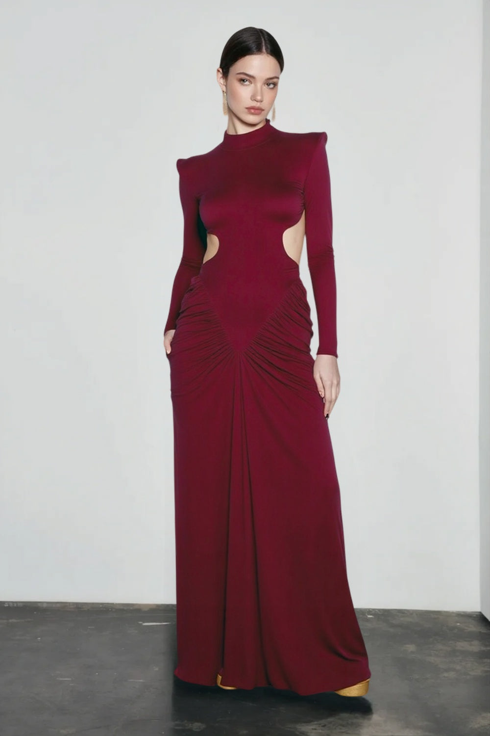 Slim Solid Long Sleeve High Neck Ruched Backless Formal Dress Secondary image