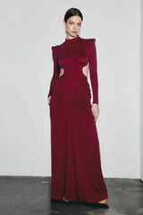 Slim Solid Long Sleeve High Neck Ruched Backless Formal Dress