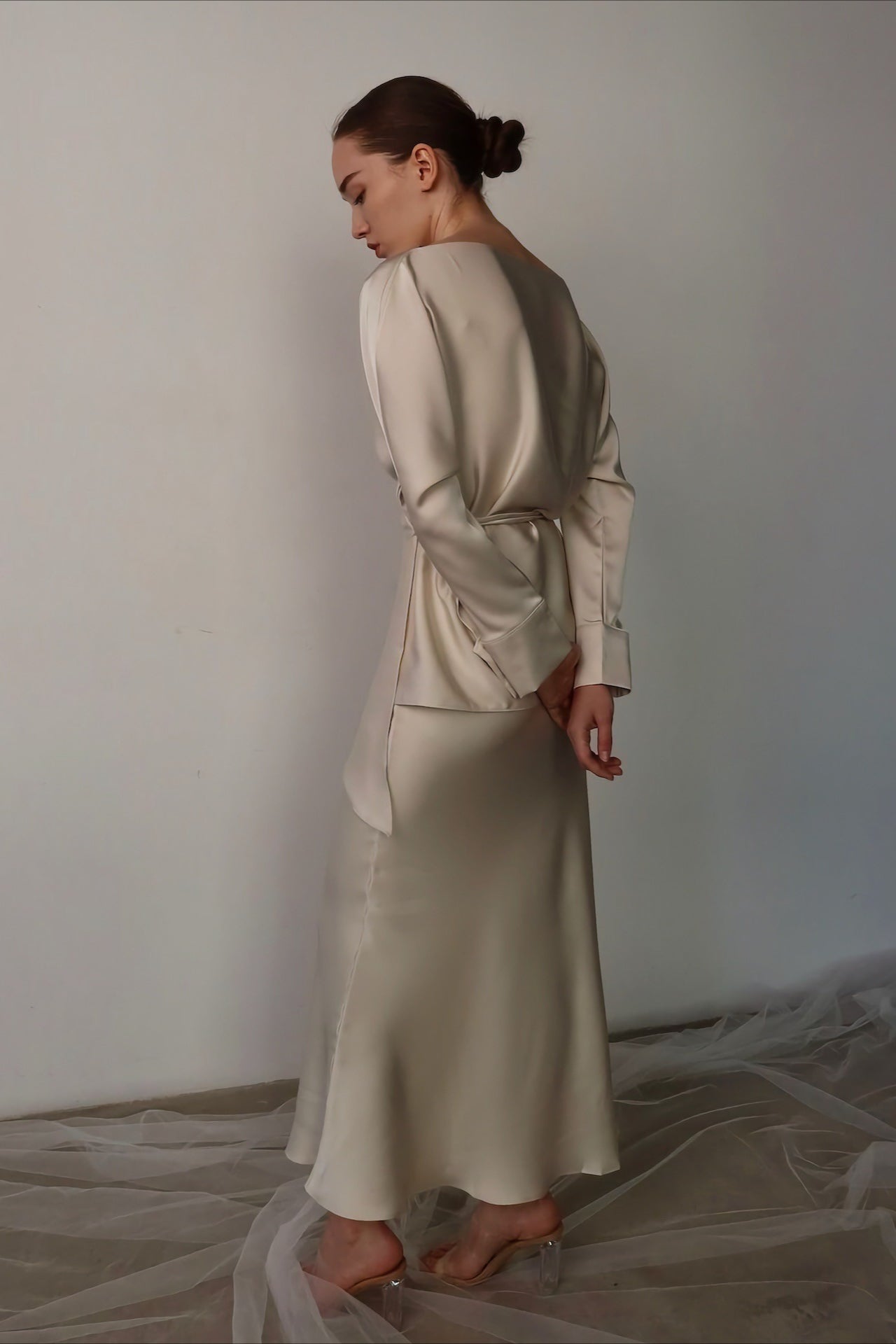 Solid Satin Cinched Waist Skirt Set