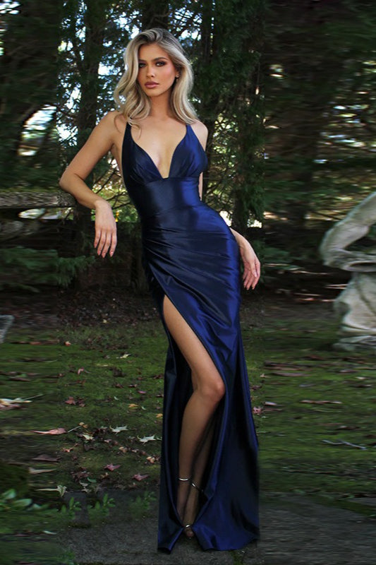 Satin V-Neck Slit Party Dress Main image