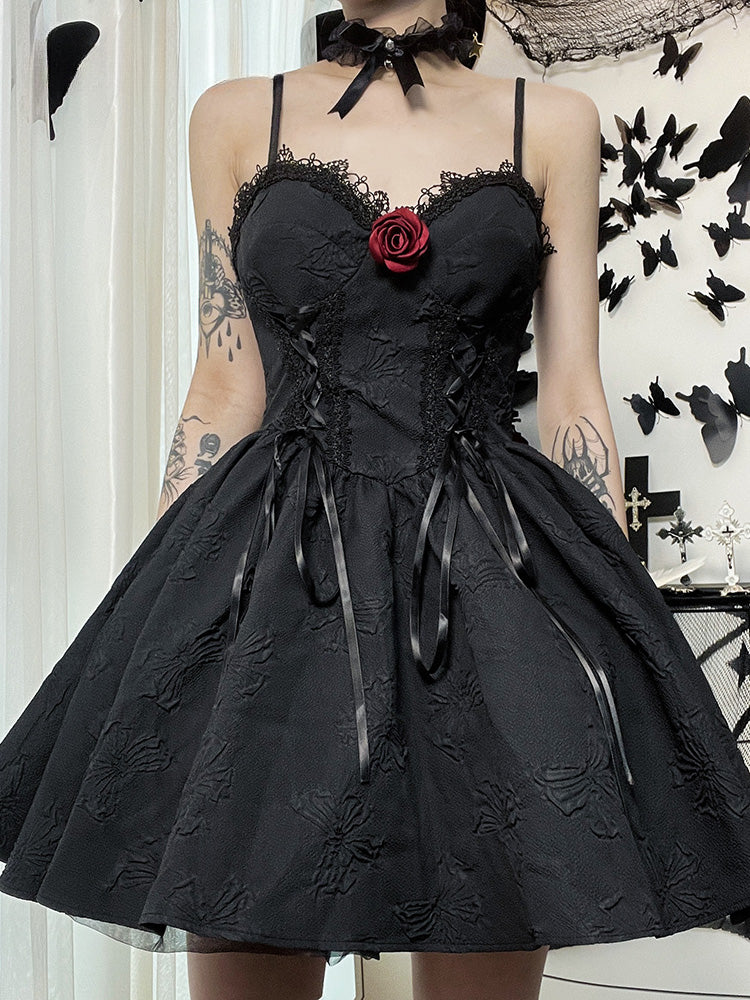 Goth Print Rose Lace Up A Line Fairy Grunge Backless V Neck Summer Party Dress Main image
