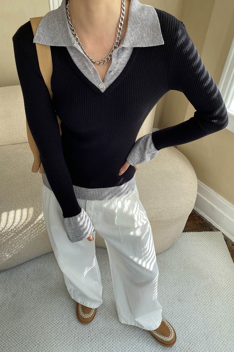 Color Block Faux Two Piece Polo Collar Slim Knit Blouse Secondary image