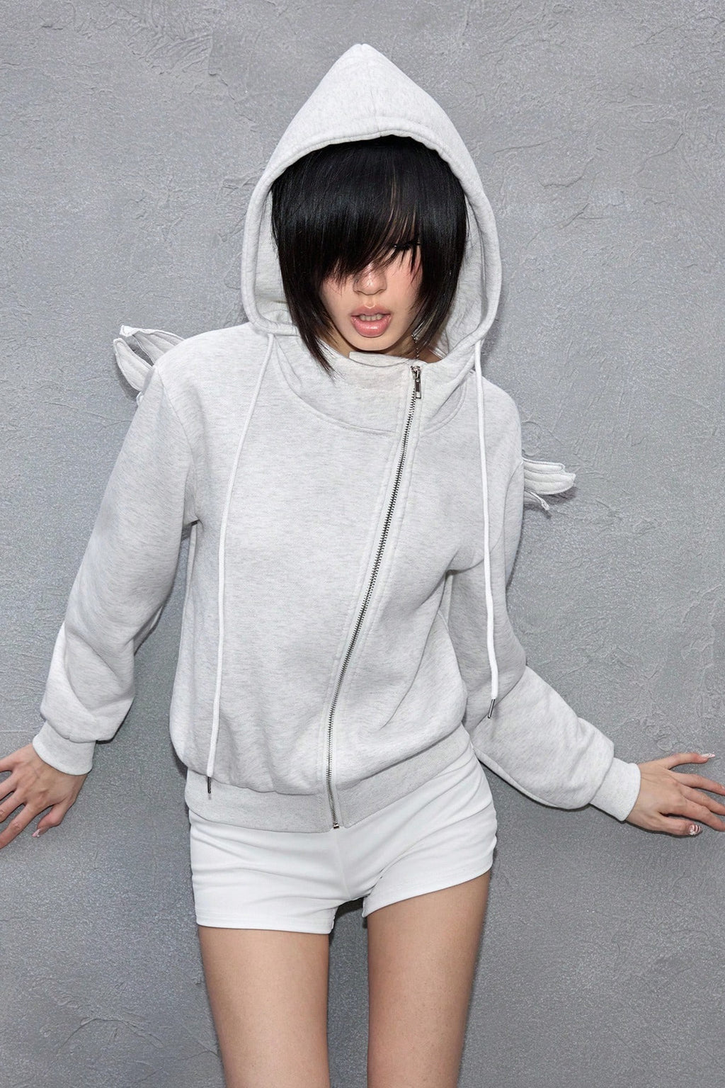 Angel Wing Applique Asymmetric Zip Hoodie