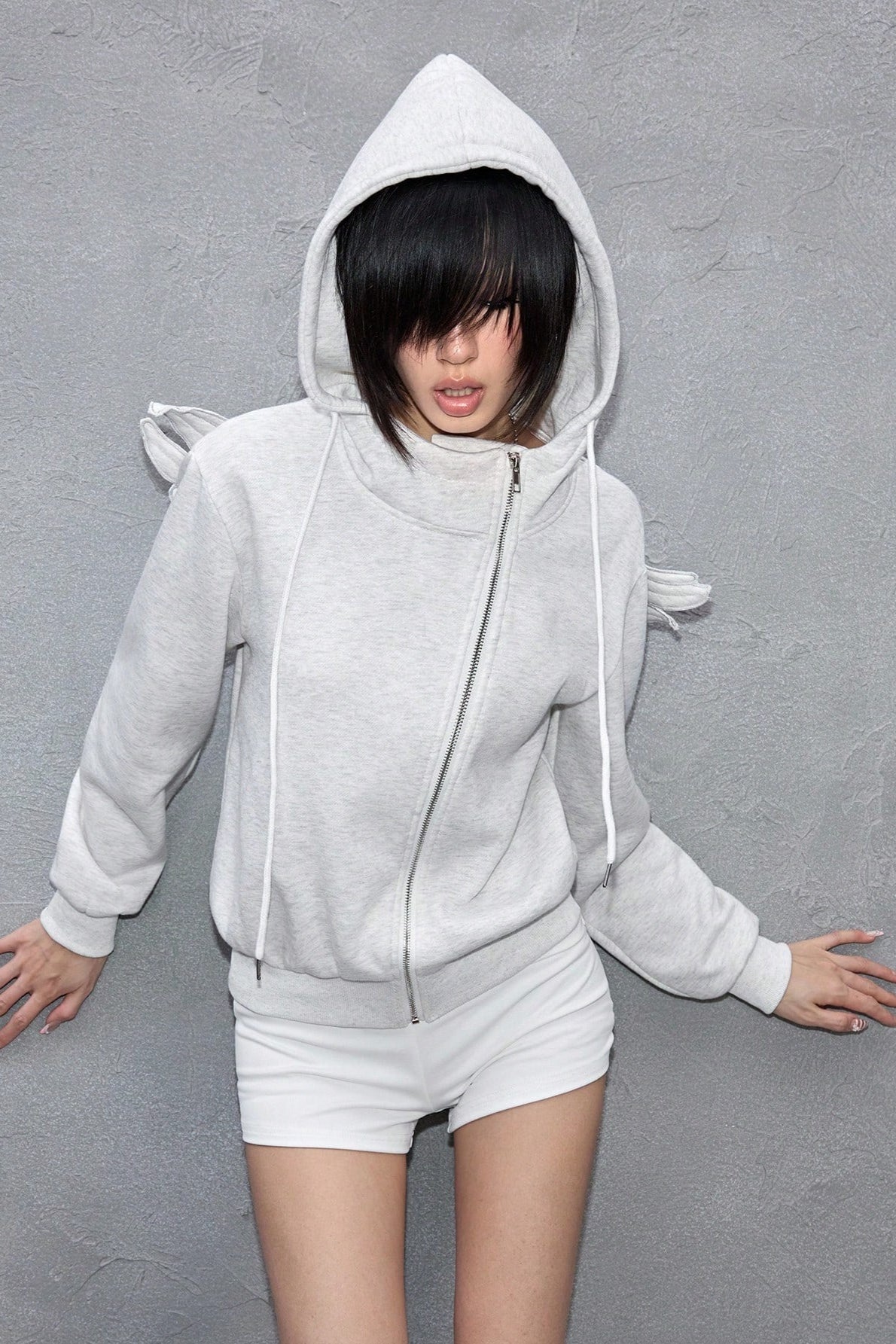 Angel Wing Applique Asymmetric Zip Hoodie