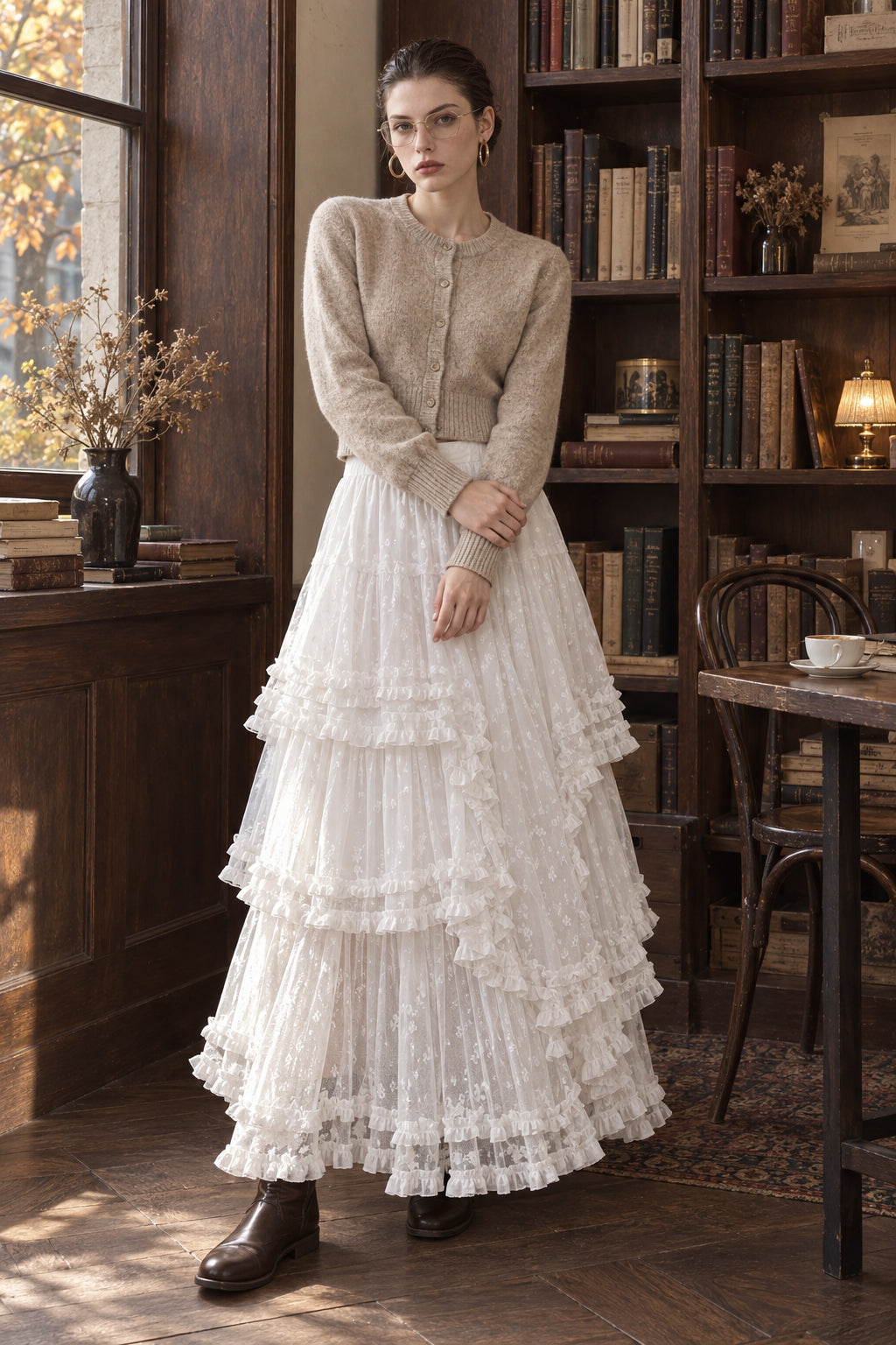 Lace Ruffle Tiered Tulle Maxi Skirt