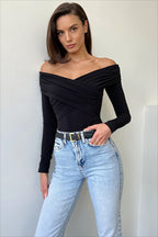 Pleated Off Shoulder Long Sleeve Bodysuit T-Shirts