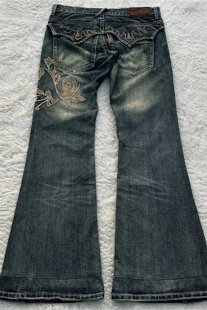 Embroidered Patchwork Y2K Flare Leg Jeans
