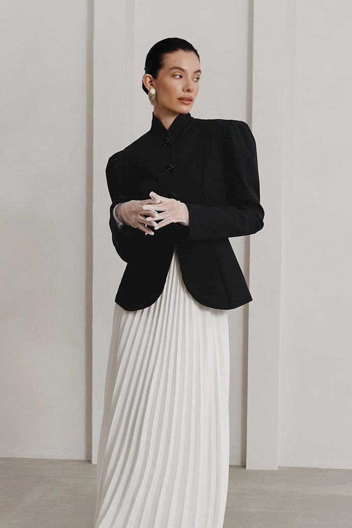 Black Mandarin Collar Puff Sleeve Blazer Secondary image