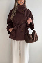 Brown High Collar Double Breasted Belted Coat