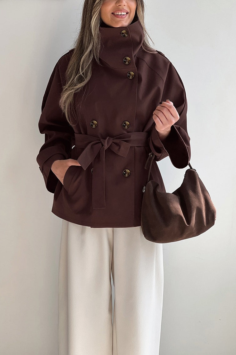 Brown High Collar Double Breasted Belted Coat