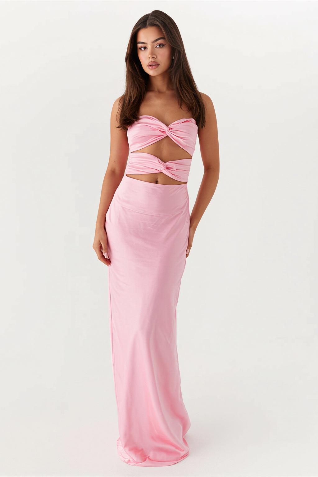 Strapless Twist Front Cutout Satin Party Dress