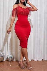 Sexy Sling Fringed Bodycon Ruched Midi Cocktail Dress