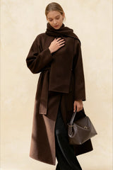 Women's Scarf Collar Woolen Belted Overcoat