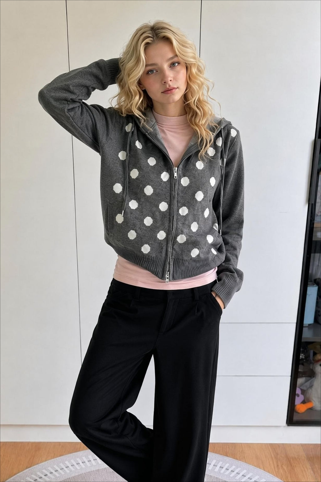 Polka Dot Oversized Knit Cardigan Hoodie