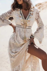 Lace Paneled Fringed Flared Boho Dress