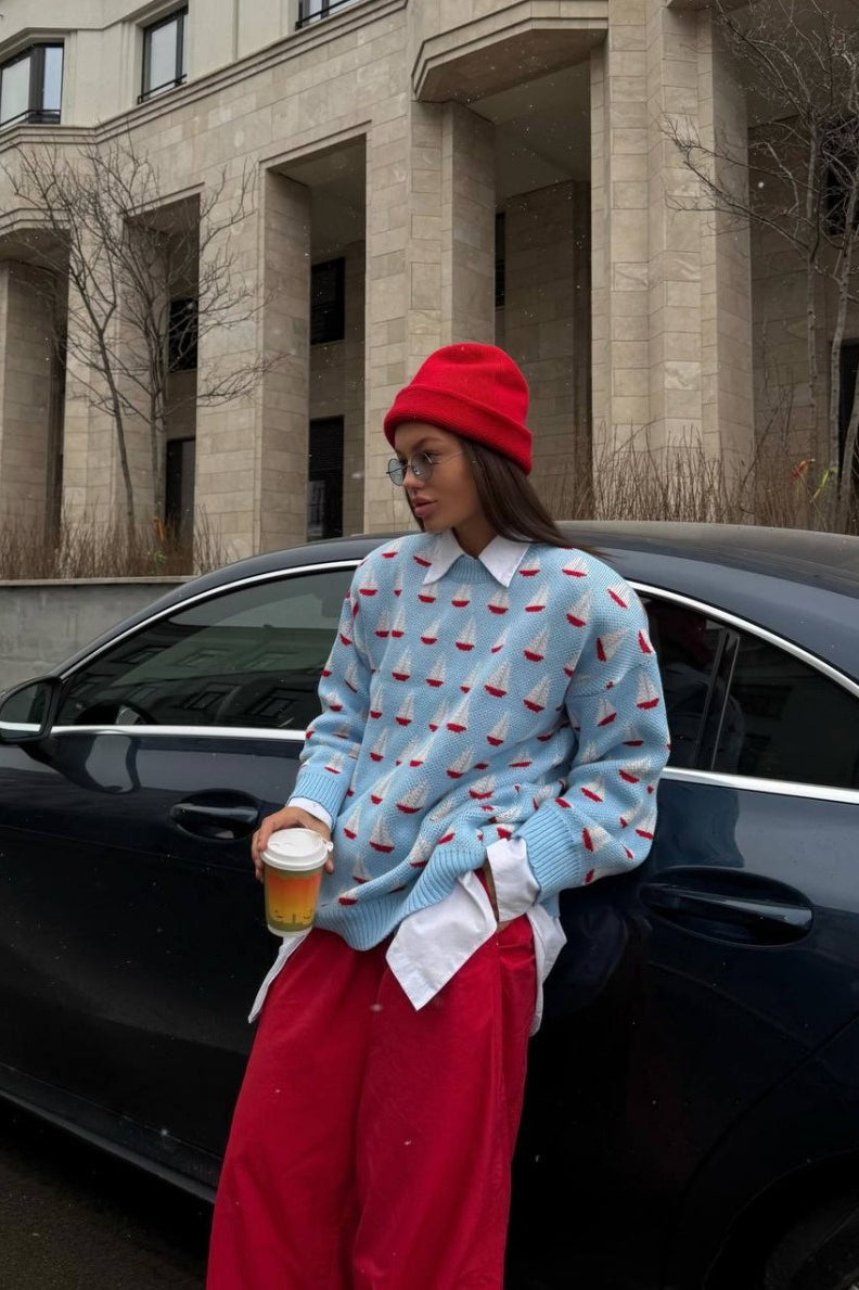 Casual Sailboat Jacquard Pullover Sweater Secondary image
