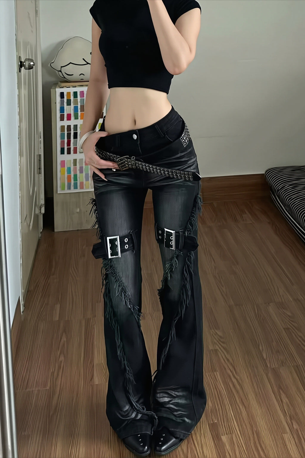 Buckled Panel Low Rise Gothic Flare Jeans
