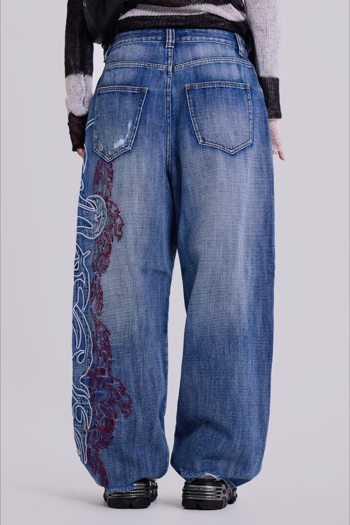 Paisley Embroidered Washed Wide Leg Jeans