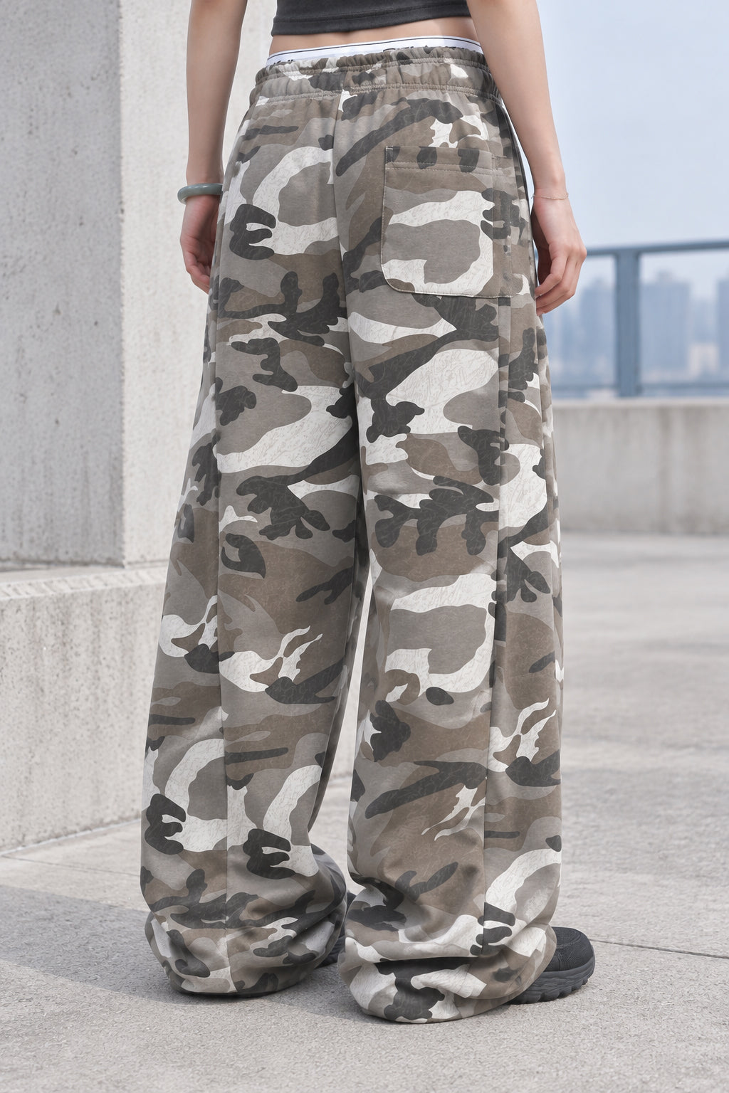 Camo Drawstring Wide Leg Cargo Pants