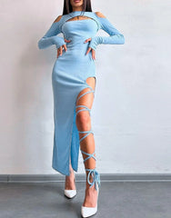 Hollow Lace Up Slit Sleeve Midi Dress