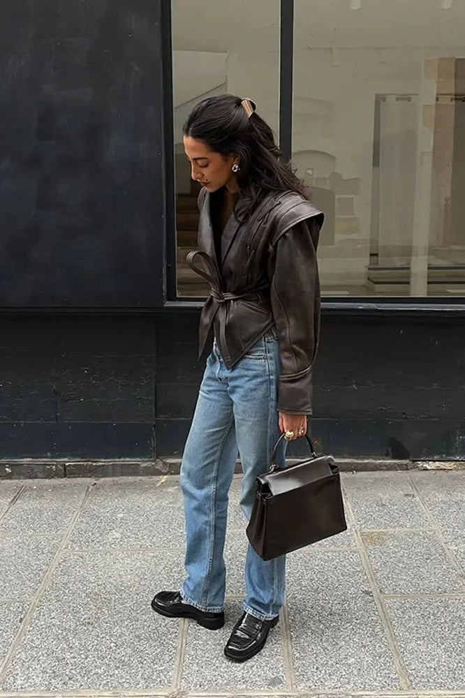 Vintage V-neck Belted Faux Leather Jacket Secondary image