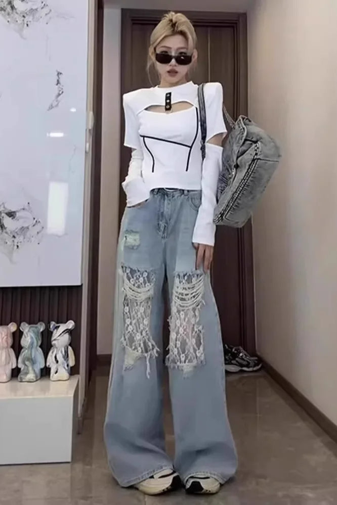 Lace Panel High Waist Wide Leg Jeans Main image
